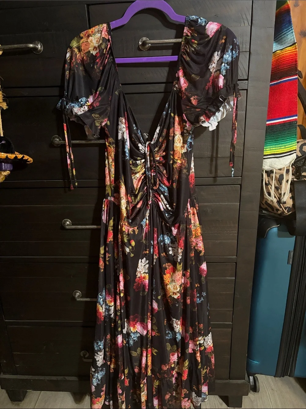 Blackmilk Dark Floral Midi Dress with Ruched Front. #EUC - Picture 1 of 6